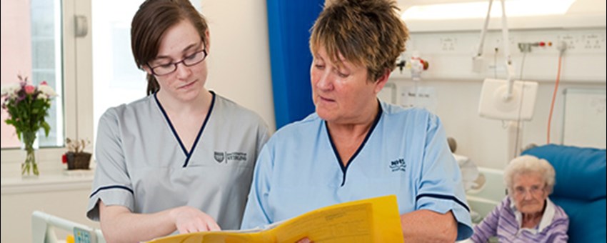 Split image; image 1 nurse, student & patient, image 2 nurse speaking to reception staff